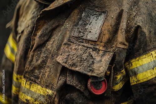 Close-up of a firefighter's uniform displaying dirt and wear, highlighting the resilience and bravery of firefighting professionals.