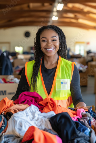 A happy Black female volunteer, wearing a bright volunteer vest, stands with a donation box overflowing with clothes. The background features a community hall or donation drive with other volunteers