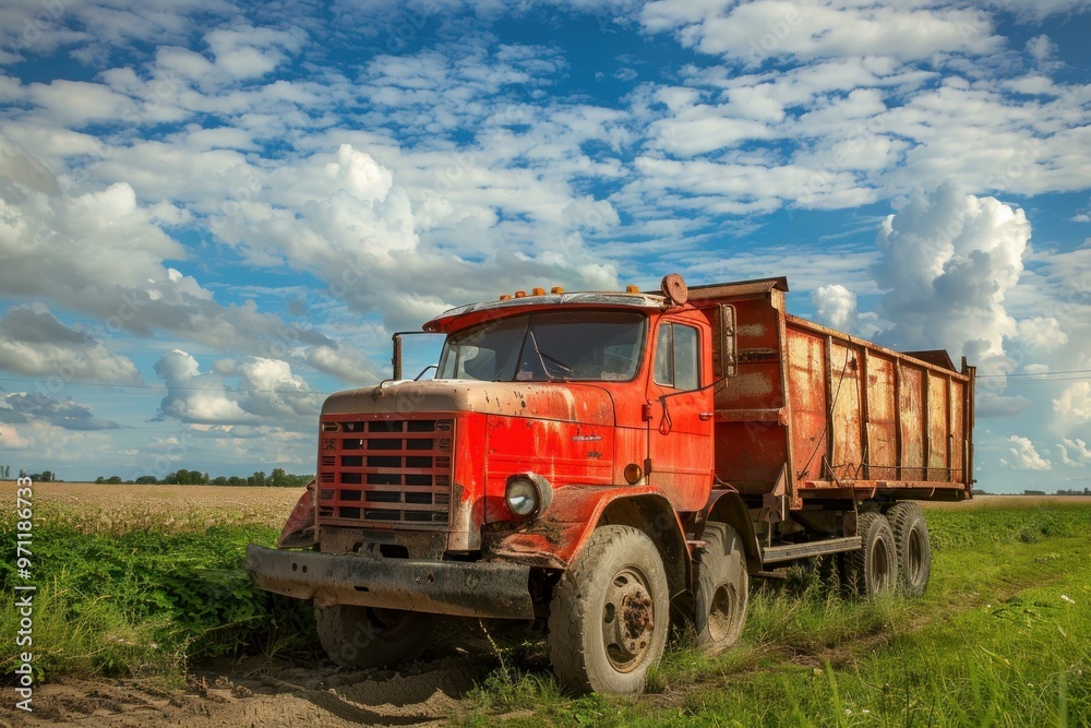 Old, red dump truck sits idle in a field, showing signs of age and use, beneath a cloudy summer sky Old, red dump truck sits idle in a field, showing signs of age and use, beneath a cloudy summer sky
