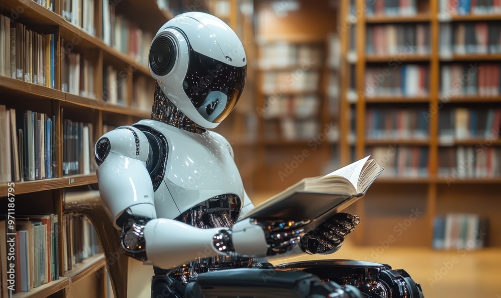 ai white robot reading book in library ai white robot reading book in library