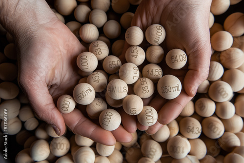 Hundreds of balls from the Spanish Christmas lottery draw in the hands of an adult photo