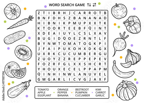 Word search puzzle game with hand-drawn vegetables and fruits. Printable family activity, educational black and white worksheet, game for children and adults, learning new words of English vocabulary