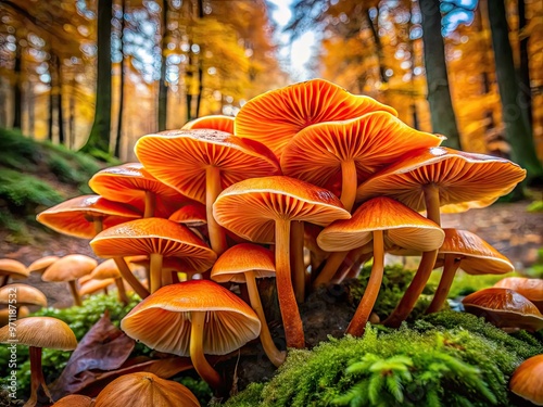 Vibrant orange caps with wavy, irregular edges and white gills, growing in clusters on a mossy forest floor, surrounded by fallen autumn leaves. photo