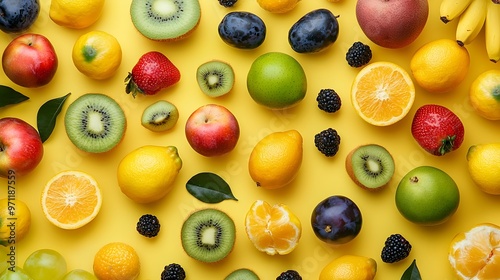 Vibrant Assortment of Flavorful Fruits on Bright Yellow Background