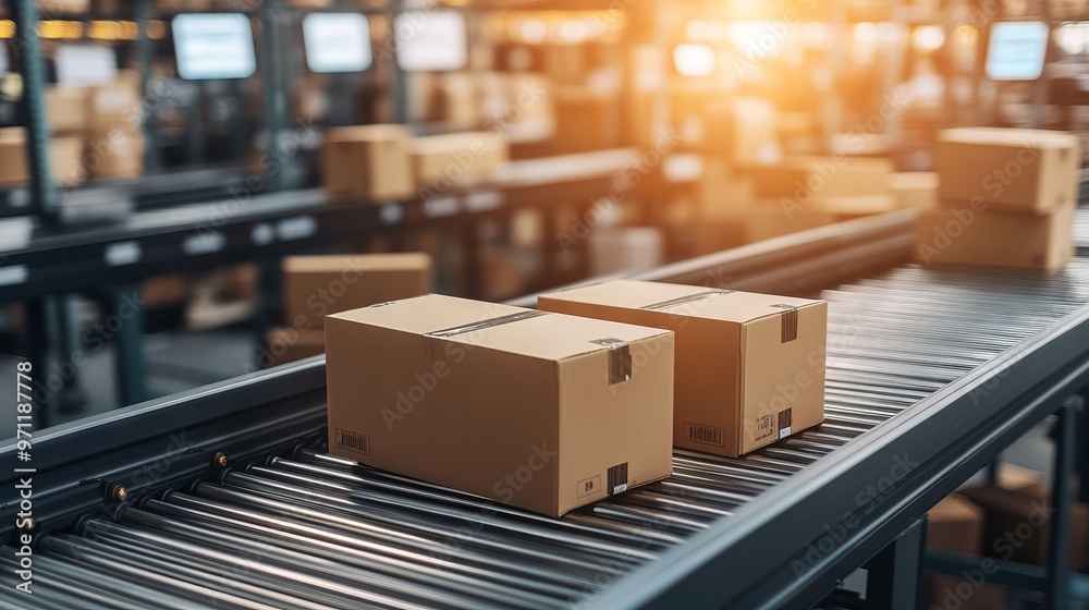 Close-Up of Boxes on Conveyor Belt in Warehouse with Blurred Office Background. AI generated illustration Close-Up of Boxes on Conveyor Belt in Warehouse with Blurred Office Background. AI generated illustration