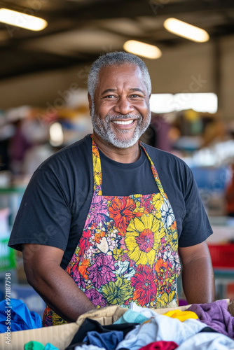 Obraz na płótnie A middle-aged African American male volunteer, with a warm grin, stands proudly next to a donation box overflowing with clothes. He wears a colorful volunteer apron, and the backdrop shows a lively w salonie