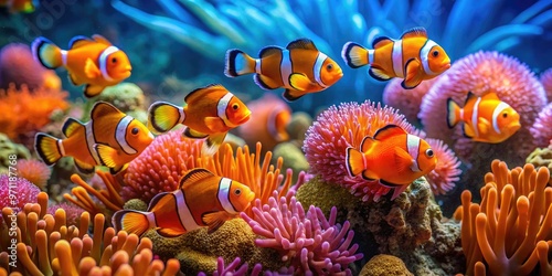Vibrant orange clownfish swims alongside companions in a colorful coral reef setting, evoking whimsical underwater adventures from beloved animated films about marine life. photo