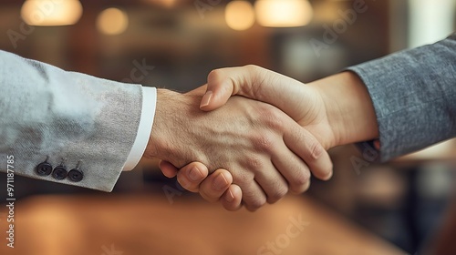 Two business professionals shaking hands, symbolizing an agreement or partnership, in a formal setting with blurred background.