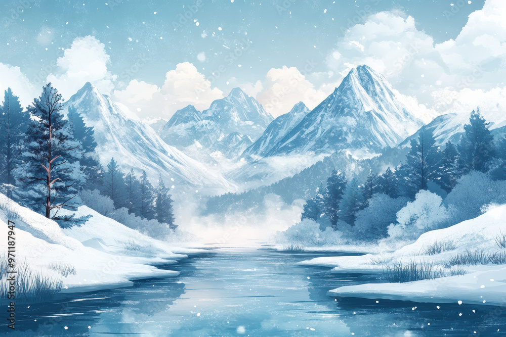 Scenic winter landscape of snow-covered mountains and forest reflected in still river with snowfall and clouds in the distance. Scenic winter landscape of snow-covered mountains and forest reflected in still river with snowfall and clouds in the distance.