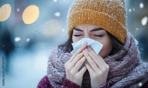 A woman in winter attire blowing her nose in a snowy environment.