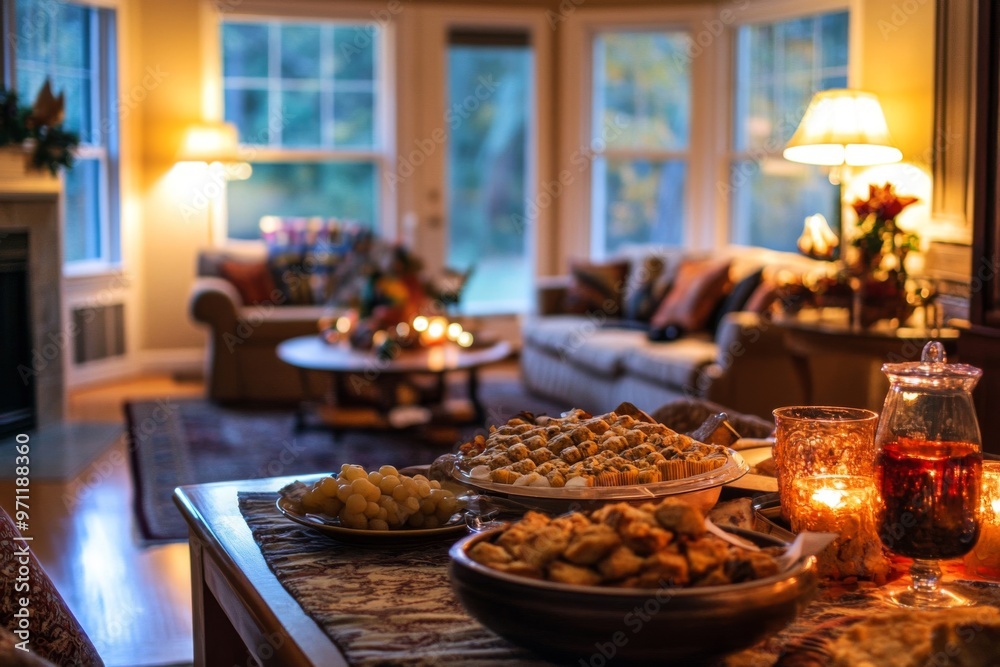 A cozy living room setting with a table full of snacks and drinks A cozy living room setting with a table full of snacks and drinks
