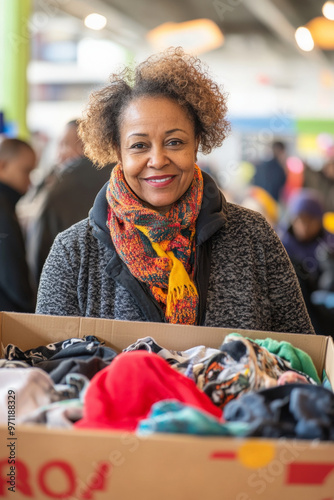 A middle-aged Black female volunteer, with a warm expression, poses with a donation box filled with clothes. The scene includes a busy charity event with colorful decorations and people actively