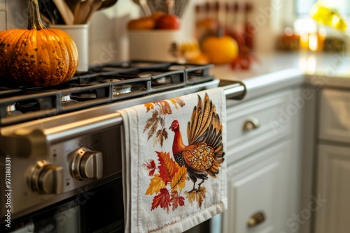 Thanksgiving Turkey Kitchen Towel Hanging on Stovetop photo