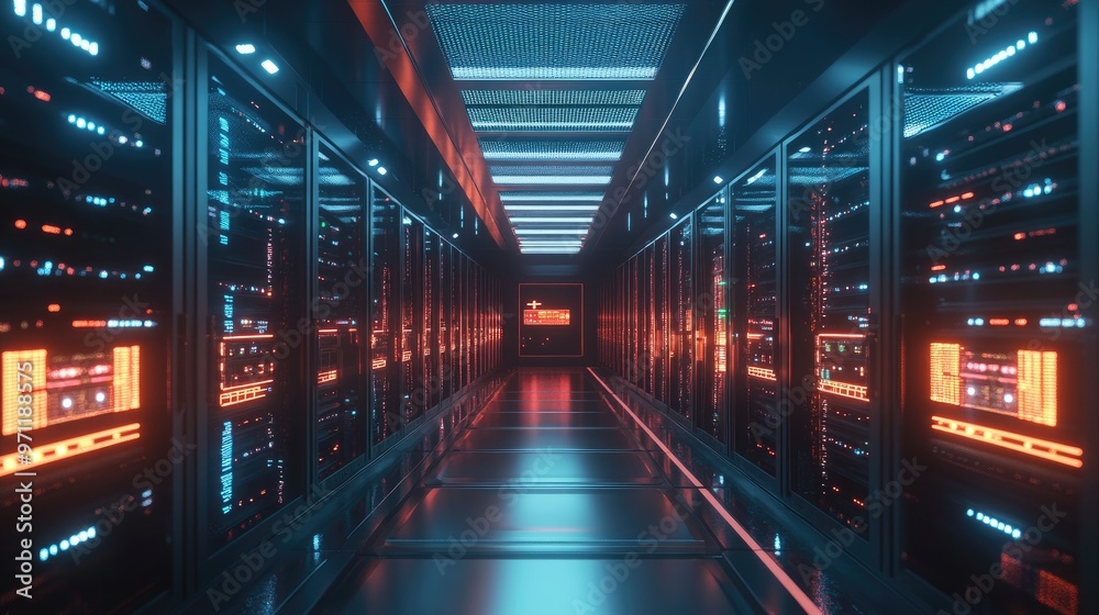 A long, narrow corridor with rows of server racks on either side, illuminated by red and blue lights. A long, narrow corridor with rows of server racks on either side, illuminated by red and blue lights.