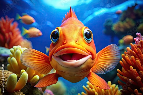 Vibrant orange fish with anthropomorphic facial features, bright blue eyes, and a goofy smile swims in clear blue water surrounded by coral reef ornaments. photo