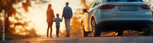 Silhouetted Family Watching as Car is Repossessed During Sunset photo