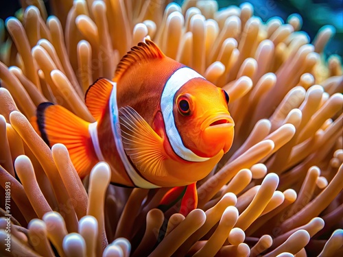 Vibrant orange fish with white stripes and fins, inhabiting a colorful anemone in a vibrant coral reef, showcasing a striking contrast of nature's beauty. photo