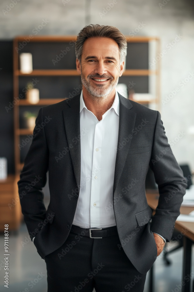 A middle-aged Caucasian businessman, with a warm and assured smile, stands in a contemporary office. He is dressed in a tailored suit, and the backdrop includes a well-organized desk and sophisticated A middle-aged Caucasian businessman, with a warm and assured smile, stands in a contemporary office. He is dressed in a tailored suit, and the backdrop includes a well-organized desk and sophisticated