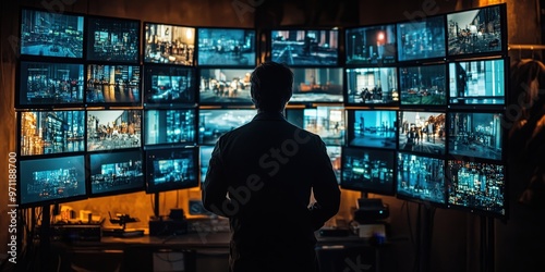 Person monitoring multiple computer screens displaying urban environments at night in a modern workspace. Generative AI