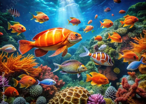 Vibrant orange fish with white stripes swim alongside a sea turtle and other marine life in a colorful, well-lit coral reef aquarium environment. photo