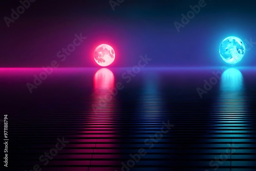 Illustrate a modern background with neon-colored shapes against a dark backdrop
