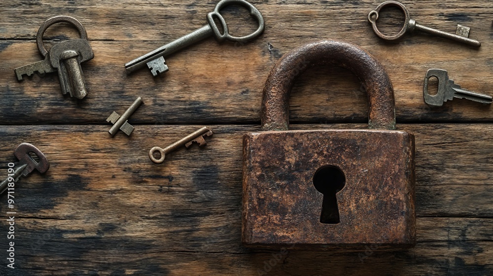 Rustic Padlock and Keys on Wooden Background with Scattered Old Lock Pieces. AI generated illustration Rustic Padlock and Keys on Wooden Background with Scattered Old Lock Pieces. AI generated illustration