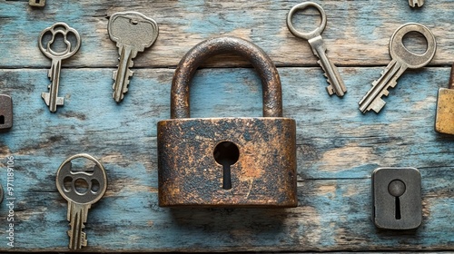 Rustic Padlock and Keys on Wooden Background with Scattered Old Lock Pieces. AI generated illustration