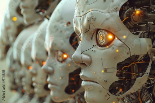 Group of cyborgs with glowing eyes are lined up, showcasing the potential of artificial intelligence