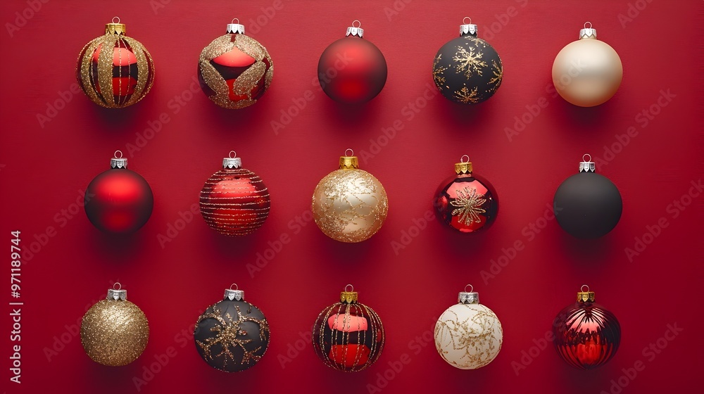 Crimson Red Christmas Ornaments Arranged in Overhead Editorial Photography Crimson Red Christmas Ornaments Arranged in Overhead Editorial Photography