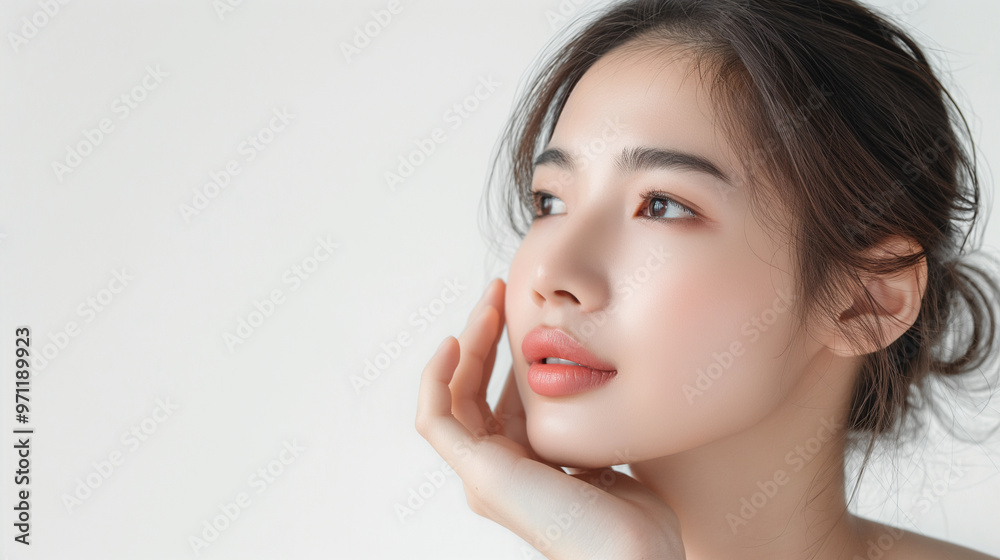 Beautiful young asian woman touch her gently face skin isolated on white background, present her fresh skin, template for beauty product advertising