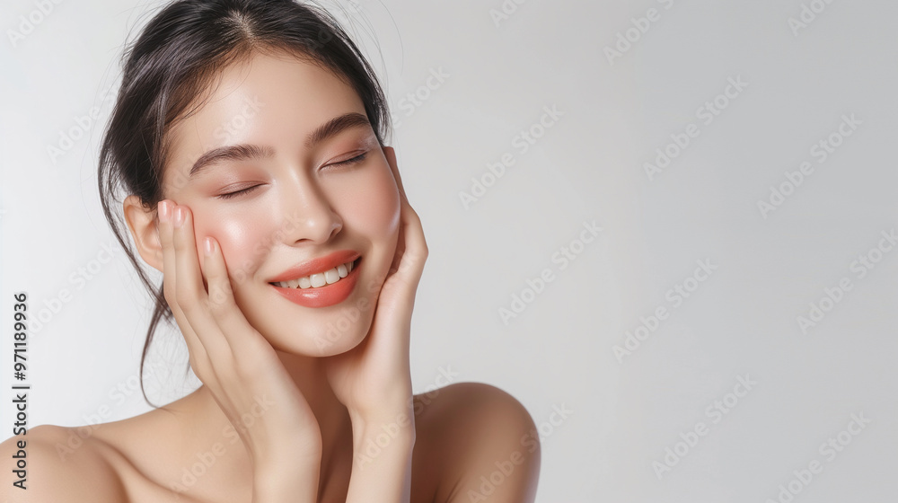 Beautiful young asian woman touch her gently face skin isolated on white background, present her fresh skin, template for beauty product advertising Beautiful young asian woman touch her gently face skin isolated on white background, present her fresh skin, template for beauty product advertising