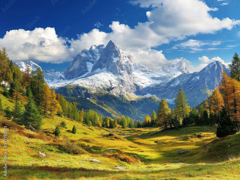 A mountain range with snow on the peaks and a clear blue sky A mountain range with snow on the peaks and a clear blue sky