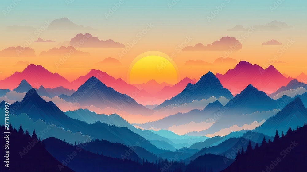 Obraz premium Colorful sunrise behind jagged mountain peaks, flat design, triadic scheme with animated clouds for dynamic backgrounds, colorful sunrise, flat mountains
