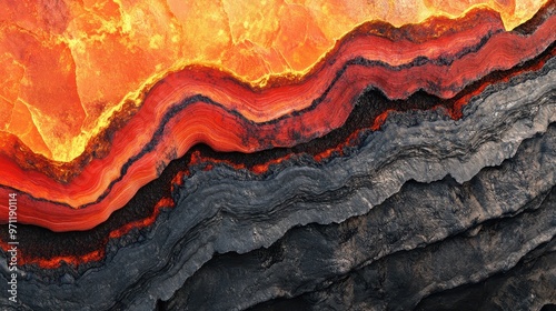 Close-up cross-section of the Earth's crust, revealing glowing magma layers and intricate rock formations, digital art, warm reds and cool grays. photo