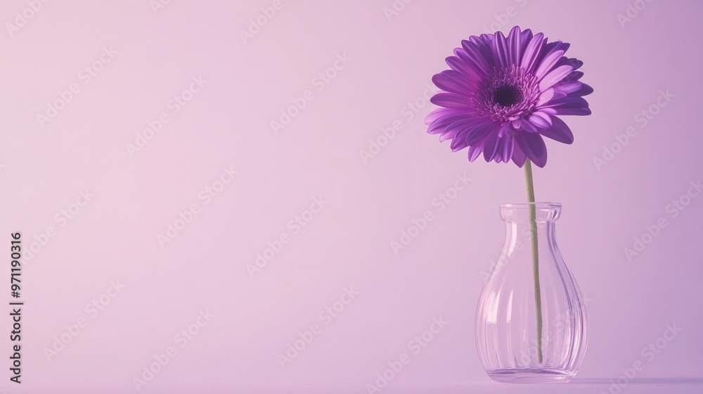 A minimalist composition of a single purple flower in a clear vase against a plain white background A minimalist composition of a single purple flower in a clear vase against a plain white background