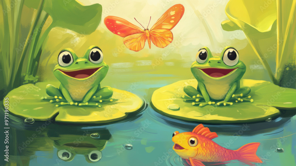 Fototapeta premium Frogs on Lily Pads.
