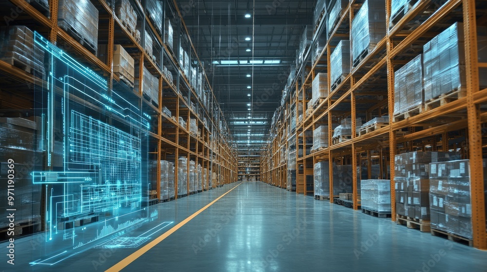 A large warehouse with high shelves filled with boxes, a digital overlay of a robotic arm and conveyor system suggests automation and efficiency. A large warehouse with high shelves filled with boxes, a digital overlay of a robotic arm and conveyor system suggests automation and efficiency.