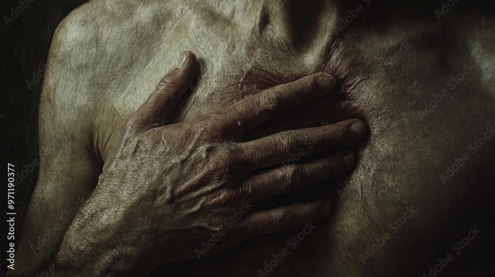 A close-up of a hand resting on a bare chest, highlighting skin texture and the essence of vulnerability. A close-up of a hand resting on a bare chest, highlighting skin texture and the essence of vulnerability.