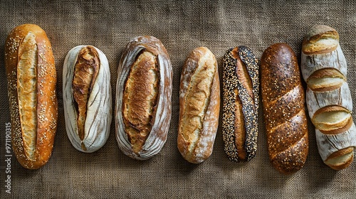 Artisanal Breads on Burlap Background in Editorial Photography photo