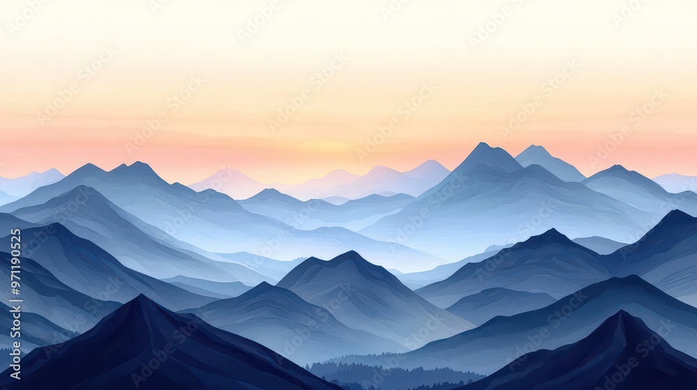 Distant mountain silhouettes, sunrise glow, triadic color scheme, flat vintage watercolor effect, soft gradient sky and stylized peaks Distant mountain silhouettes, sunrise glow, triadic color scheme, flat vintage watercolor effect, soft gradient sky and stylized peaks