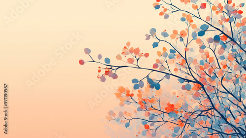 Abstract illustration of delicate, multicolored leaves on branches against a pastel background. Tranquil and elegant nature-inspired design.