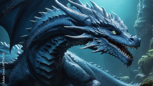 Detailed and vibrant illustration of a blue dragon with sharp scales and a fierce expression photo