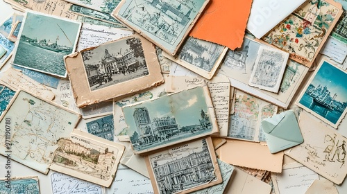 Vintage Postcard Collection Displayed on Cream Background from Above