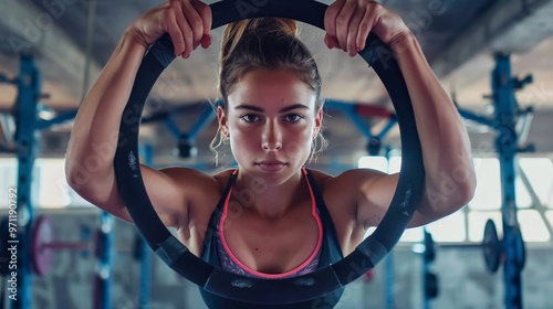 Fit girl training on gymnastics rings photo