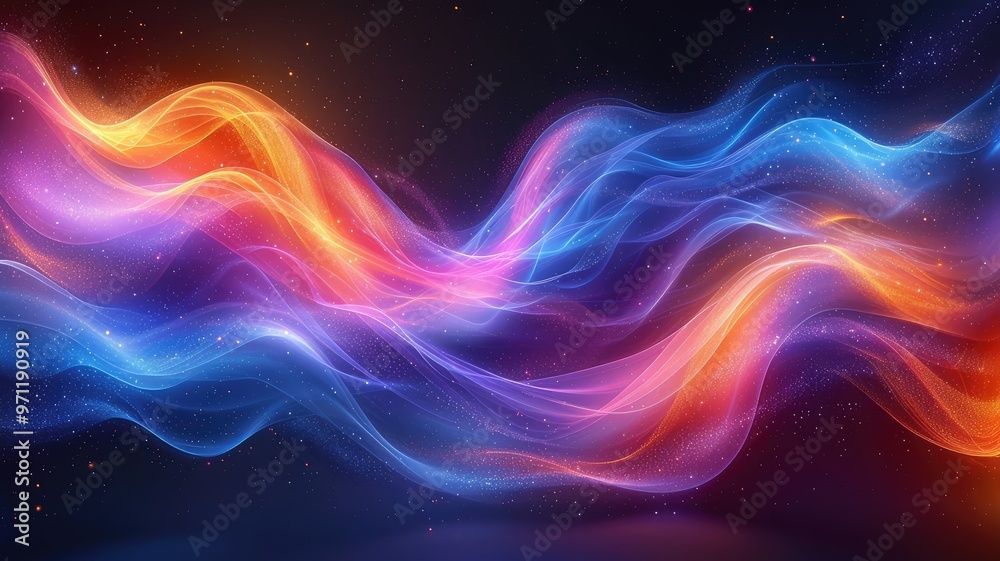 A vibrant abstract wave design with flowing colors of blue, orange, and pink against a dark background. A vibrant abstract wave design with flowing colors of blue, orange, and pink against a dark background.
