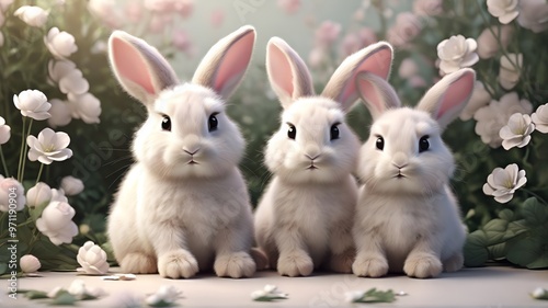 cute bunny family in white flower field background