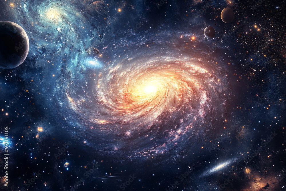 A vibrant, swirling galaxy surrounded by stars and nebulae, with a powerful galactic core at its center, distant planets orbiting in a glowing, energy-filled space. A vibrant, swirling galaxy surrounded by stars and nebulae, with a powerful galactic core at its center, distant planets orbiting in a glowing, energy-filled space.