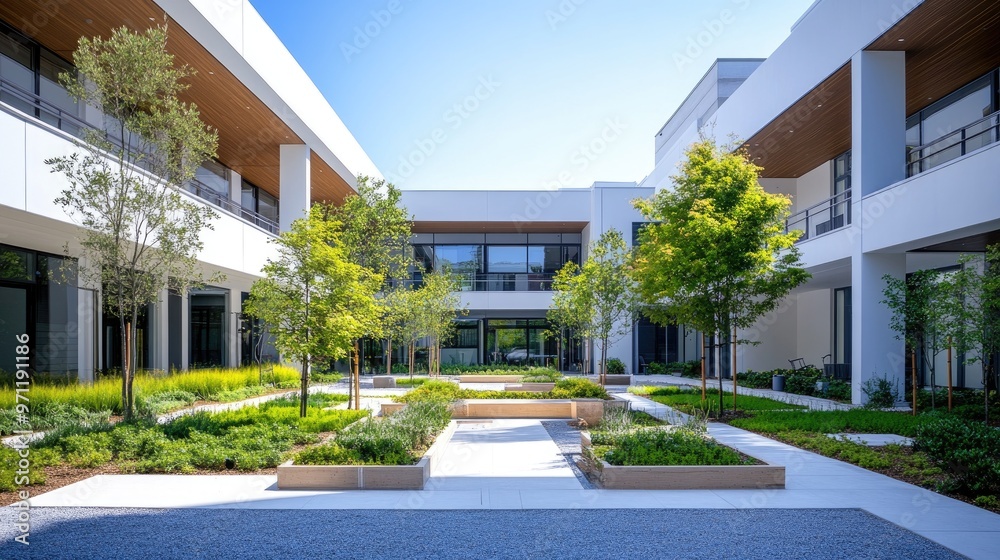 Fototapeta premium Modern office building featuring a green courtyard with benches for employees relaxing