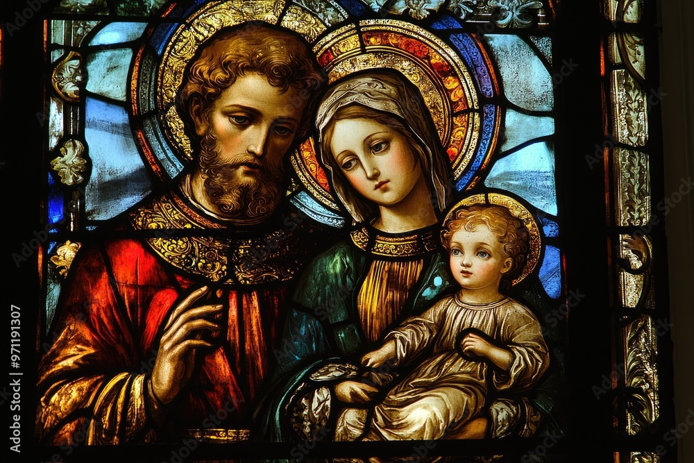Fototapeta premium Stained glass window depicting the holy family