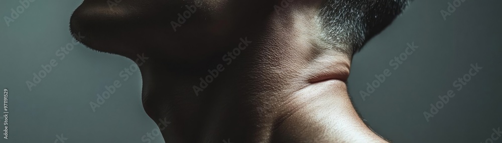 Close-up of an elegant neck showcasing delicate skin and defined contours, creating an artistic and moody atmosphere. Close-up of an elegant neck showcasing delicate skin and defined contours, creating an artistic and moody atmosphere.